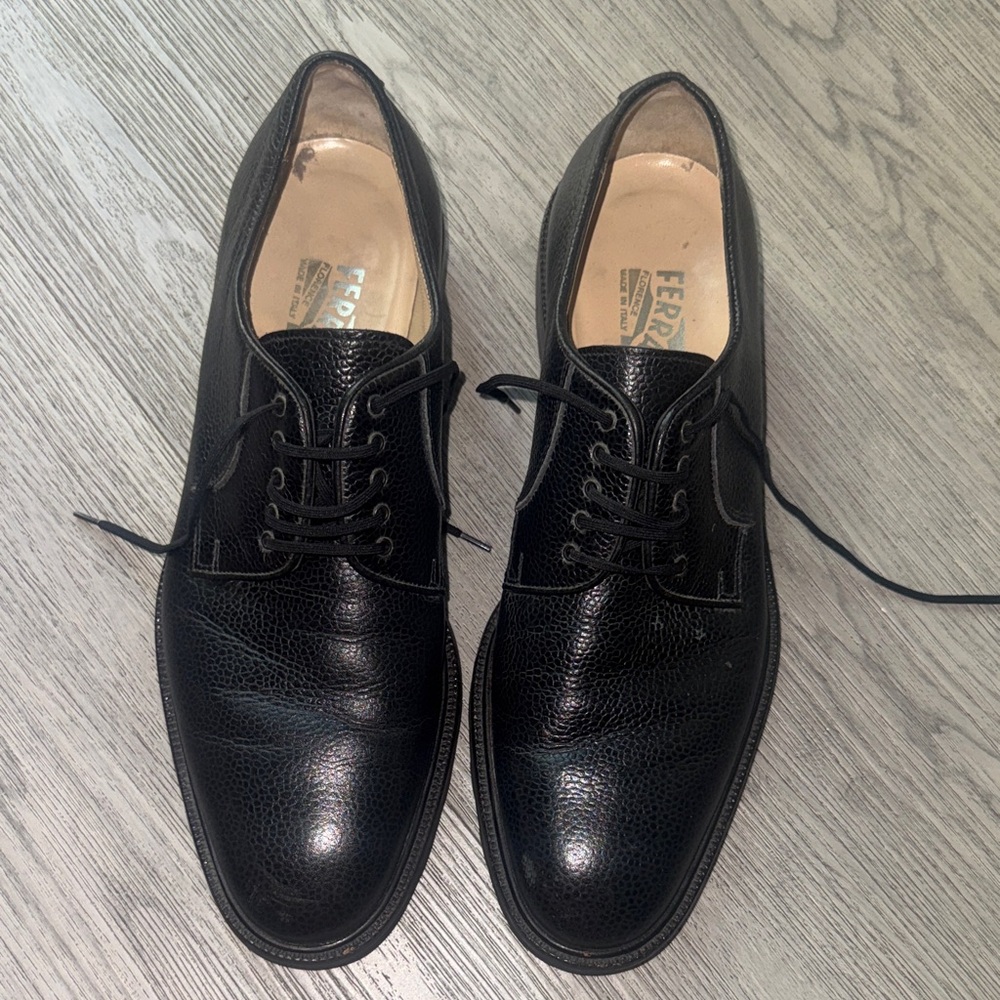Salvatore Ferragamo Black Pebbled Leather Lace-Up Oxfords